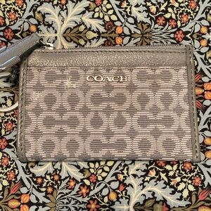 Coach Gray Signature Zip Card Case with Metallic Logo
